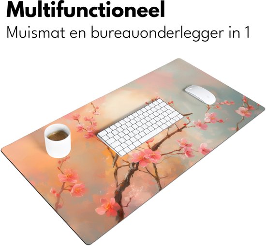 Bureau onderlegger 80x40 cm - Muismat Roodborstjes - Sierlijk - Bloesemtak - Bureaumat - Mousepad XXL - Bureau mat - Muismatten groot - Desk organizer - Bureaulegger