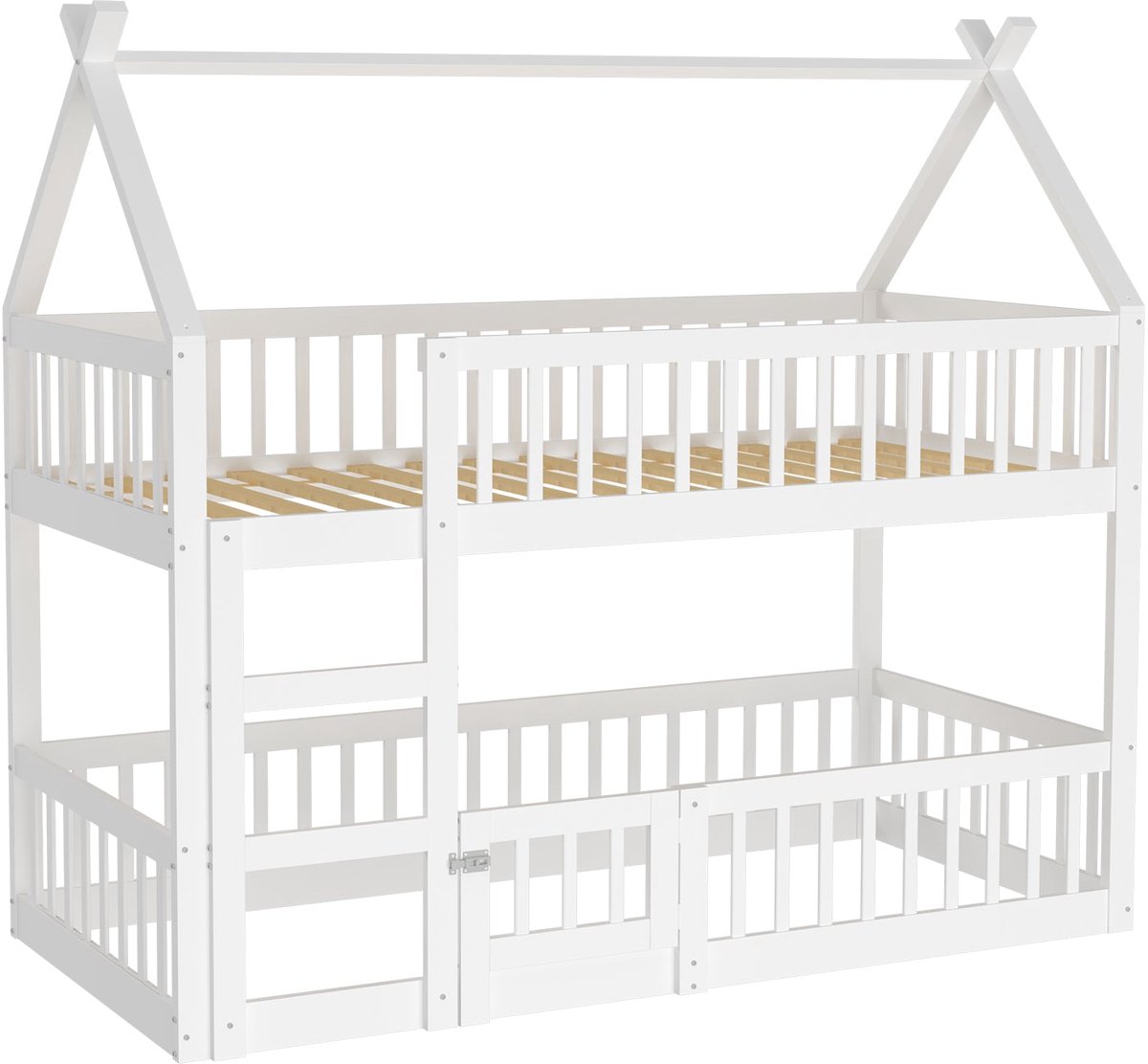 Merax Stapelbed 90x200 cm voor Kinderen – Wit Massief Houten Huisbed met Deurtje en Veiligheidshekken – Hoogslaper Kinderbed voor Jongens en Meisjes