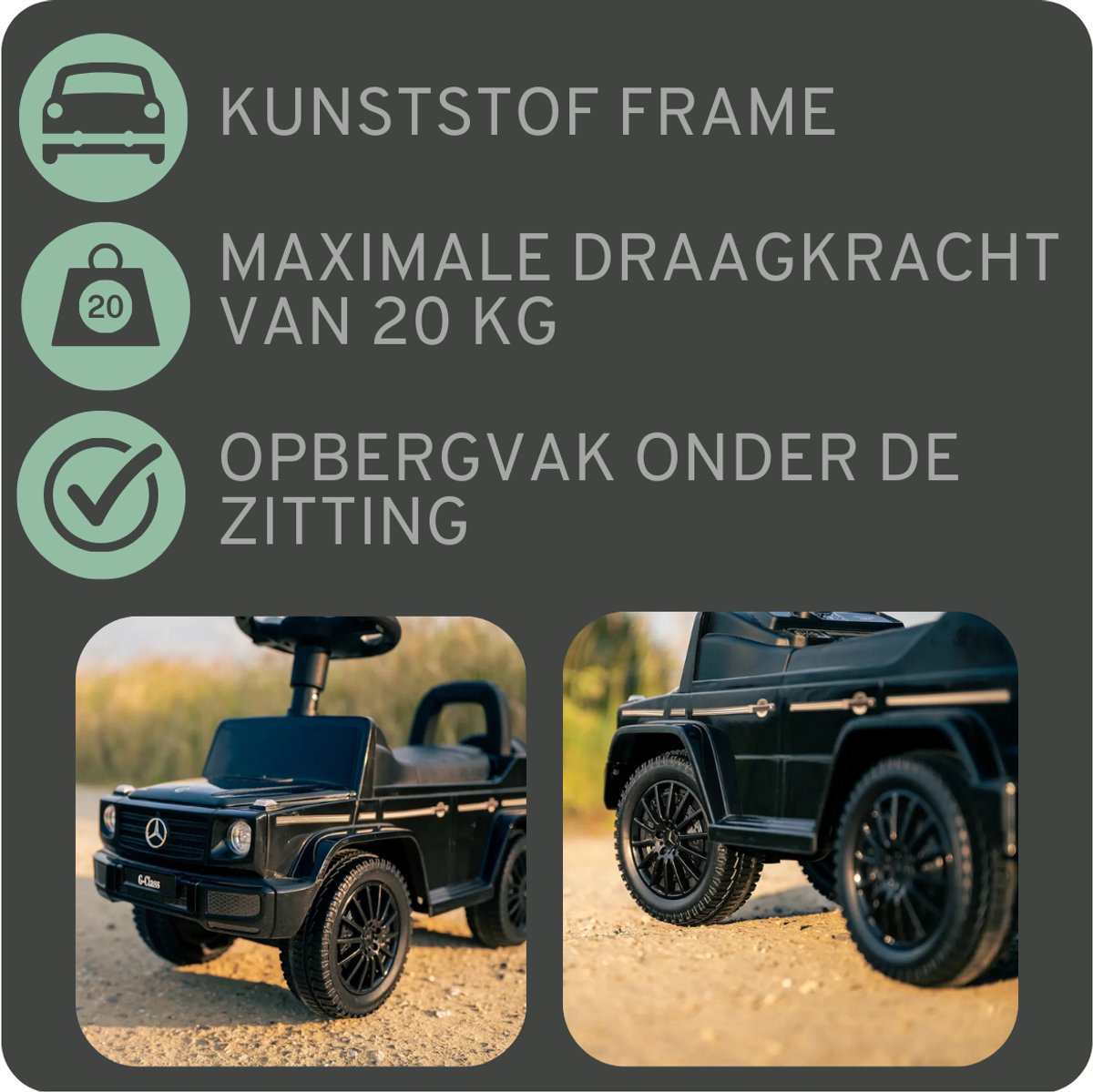 Bandits & Angels Loopauto Mercedes Benz G350D Zwart vanaf 1 jaar voor Jongens en Meisjes - Stimuleert Motorische Vaardigheden - Loopwagen 24 cm - Zwarte Loop Auto — afbeelding 5
