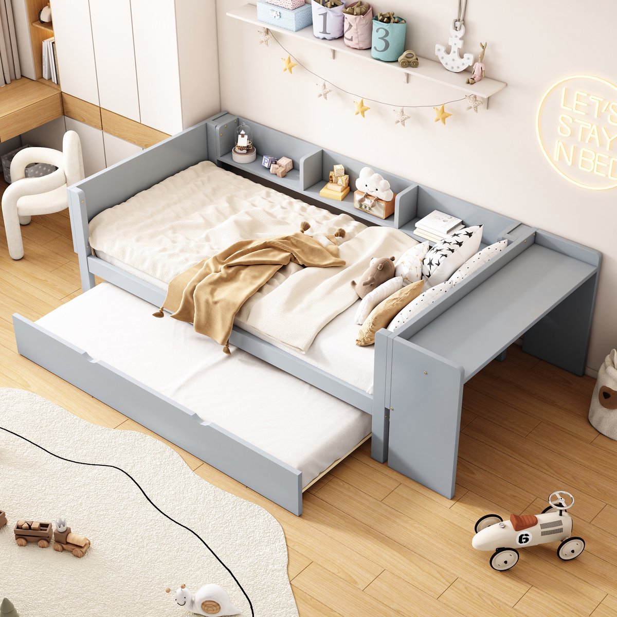 90x200cm - plat bed - met uitschuifbaar bed - met bureau - drie planken aan de zijkant van het bed - grijs
