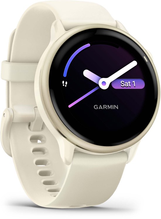 Gouden smartwatch met wit bandje. Het scherm toont de tijd (10:10), 'Sat 1' en het Garmin logo.