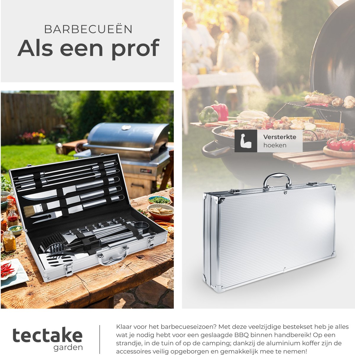 tectake Roosterbestek van roestvrij staal, 18-delig, met aluminium koffer