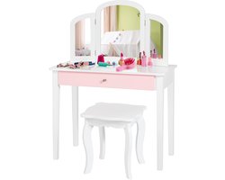 foto van COSTWAY Kinderen kaptafel, meisjes kaptafel set met drievoudig spiegel & grote lade, 2 in 1 afneembaar ontwerp, stijlvolle prinses make-up tafel en kruk (Wit)