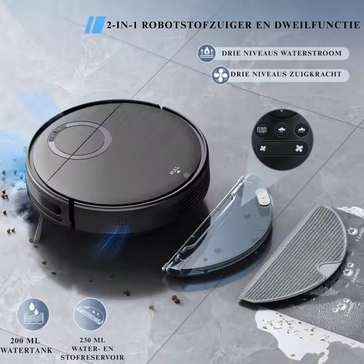 Afbeelding 2 van Robotstofzuiger met Dweilfunctie - 120minuten - Met Oplaadstation - Robotstofzuigers - Huisdieren - met Dweil - Luxe Robotstofzuiger - Dweilrobot - Automatisch opladen - met App of afstandsbediening te gebruiken