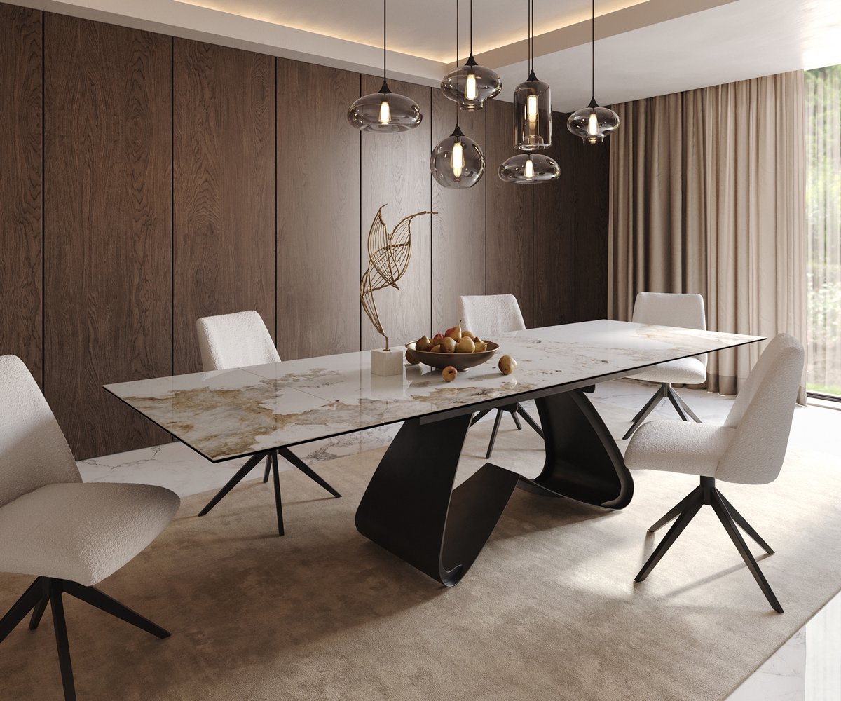 DELIFE Eetkamertafel Edge keramiek Minas Melange wit-beige 200-300x100 W-frame zwart uitschuifbaar Weiß-Beige