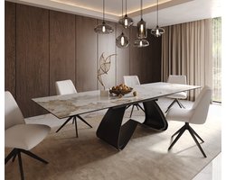 Eetkamertafel Edge keramiek Minas Melange wit-beige 200-300x100 W-frame zwart uitschuifbaar