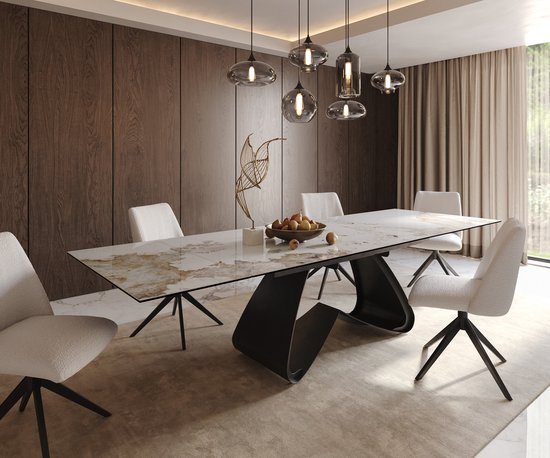 Table à manger Edge en céramique Minas Melange blanc-beige 200-300x100 W-structure noire extensible