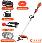 Kibani Accu Bosmaaier - 3x onkruidborstel 15CM - Incl. 2x 21V Accu en Oplader - Elektrische Bosmaaier - met Maaidraad, Zaagblad en Draadkop - Grastrimmer - Kantenmaaier