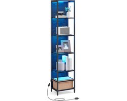 Furnstar - Boekenkast met 6 niveaus - Staand rek met verstelbare ledverlichting - Rek met stalen frame - 30,3 x 40 x 178,6 cm - Voor woonkamer Slaapkamer Werkkamer - Ebbenzwart - LLS121B57