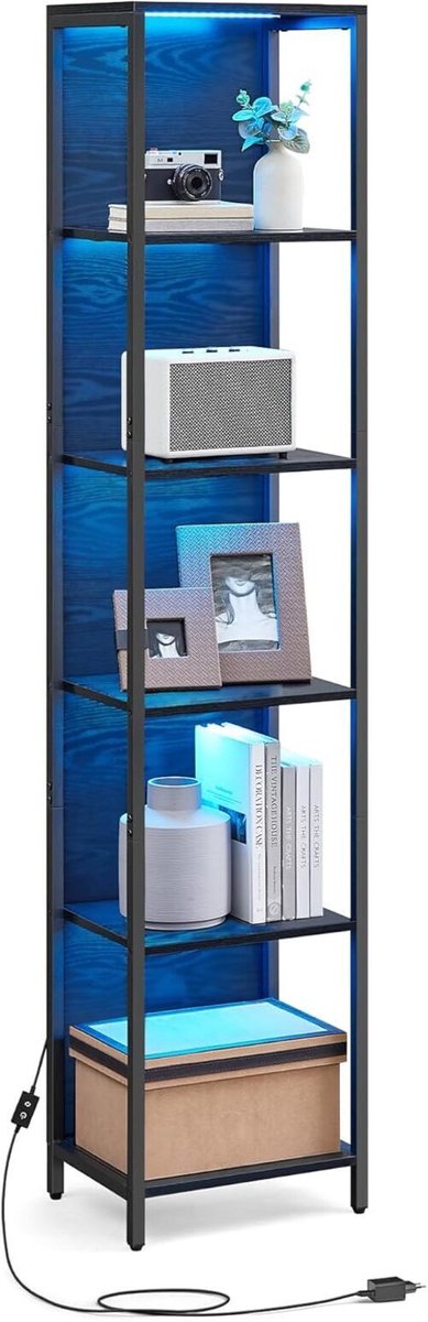 Furnstar - Boekenkast met 6 niveaus - Staand rek met verstelbare ledverlichting - Rek met
