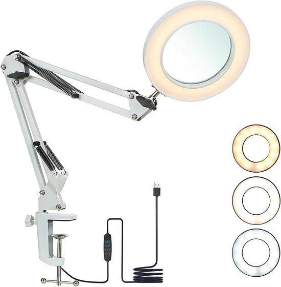 ALFFREUDE Bureaulamp met 10 x vergrootglas en led, metalen klem, draaibare arm, 3 kleurmodi, 10 helderheidsdimmers voor handwerk en reparatie
