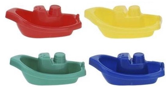 Vier kleine speelgoedboten in rood, geel, groen en blauw.