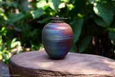urn-keramiek-raku-gestookt-prachtige intense kleuren-crematie-as urn-medium model,inhoud 1,90liter, bestemd voor gedeeltelijke as bestemming volwassen mens-meerdere maten beschikbaar