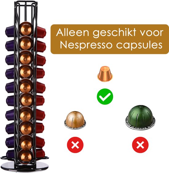 Zwarte capsulehouder met Nespresso cups, illustreert dat alleen Nespresso cups passen.