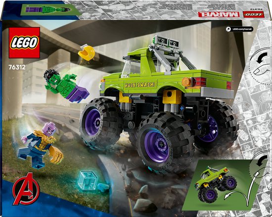 Achterkant van de doos van LEGO Marvel De Hulk Truck vs. Thanos.