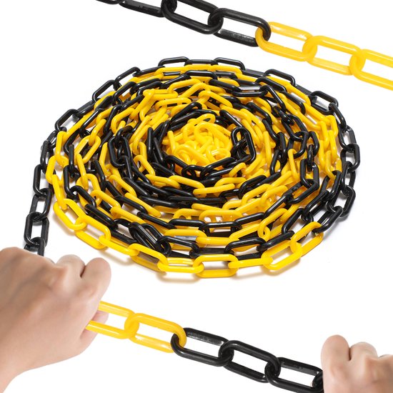 Chaîne de barrière, pour délimiter les zones dangereuses et restreindre l'accès, usage intérieur et extérieur, plastique, jaune/noir, 50 m, 6 mm