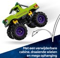 Groene LEGO monster truck met draaiende wielen en mega ophanging.