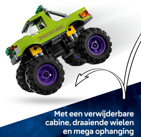 Groene LEGO monster truck met draaiende wielen en mega ophanging.