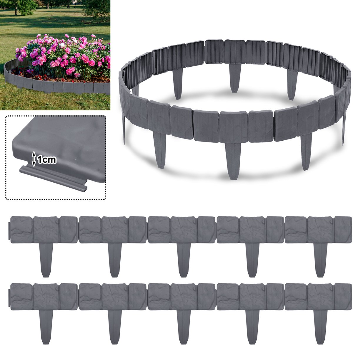 NAIZY Kunststof Gazonrand Steenlook 2,5 m bedrand maairand kunststof bedrand voor tuinpalissade 25 cm x 23 cm (B x H) - 10 stuks/2,5 m Antraciet