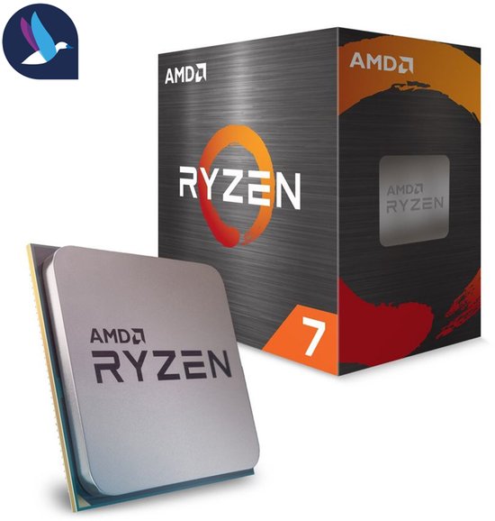 AMD Ryzen 7 processor naast de verpakking met oranje en rode accenten.