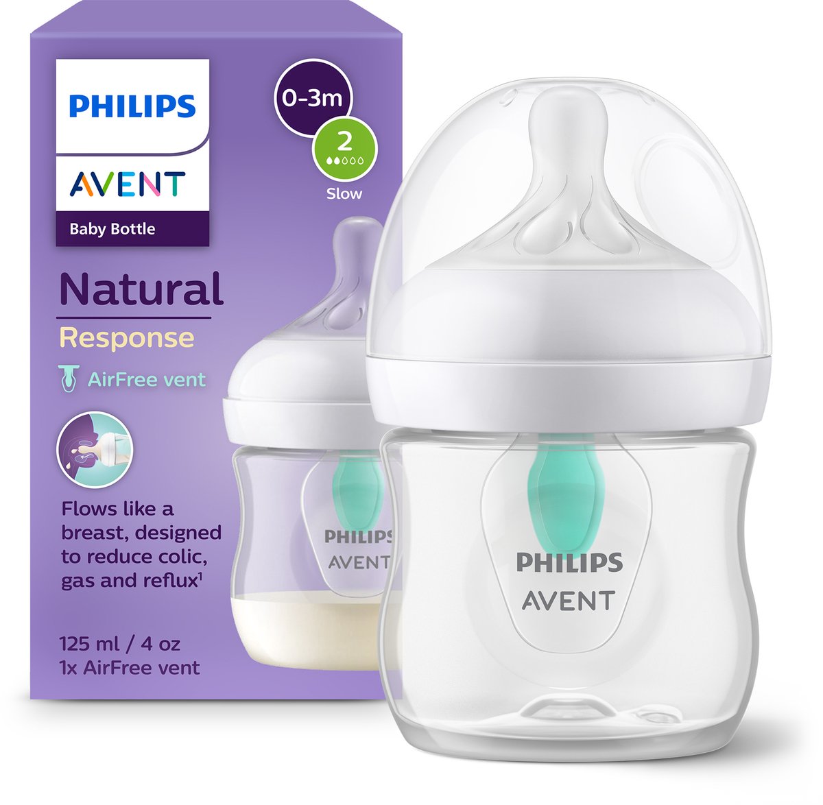 Philips Avent Natural Response Babyfles met Airfree-ventiel - 1 Fles - 125 ml - 0+ maanden - Snelheid 2-speen - SCY670/01