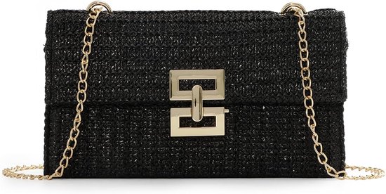 S&Dshopline® Sac à bandoulière en Paille pour femme, été, paille, sac à bandoulière, plage, sac à main tissé, vannerie, enveloppe en rotin, sac à main de party - Zwart