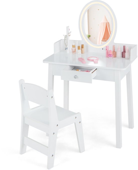 COSTWAY 2-in-1 Houten make-up tafel voor kinderen - Met kruk en verlichting