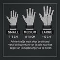 Illustratie van handen in drie maten: klein (1-8 cm), medium (8-10 cm), en groot (+10 cm).