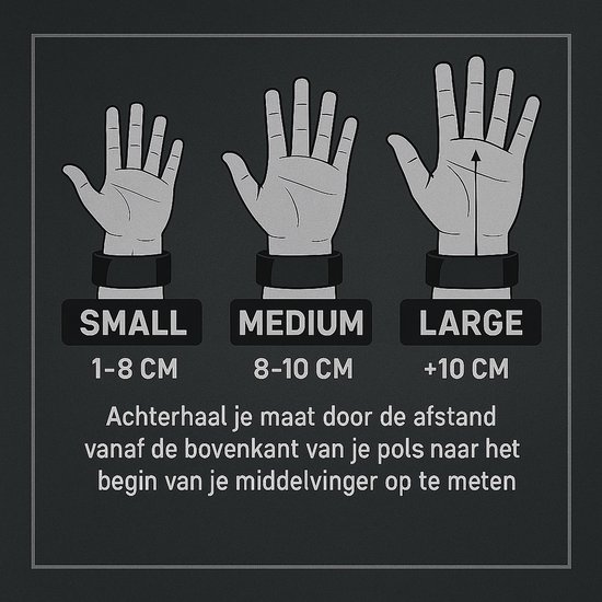 Illustratie van handen in drie maten: klein (1-8 cm), medium (8-10 cm), en groot (+10 cm).