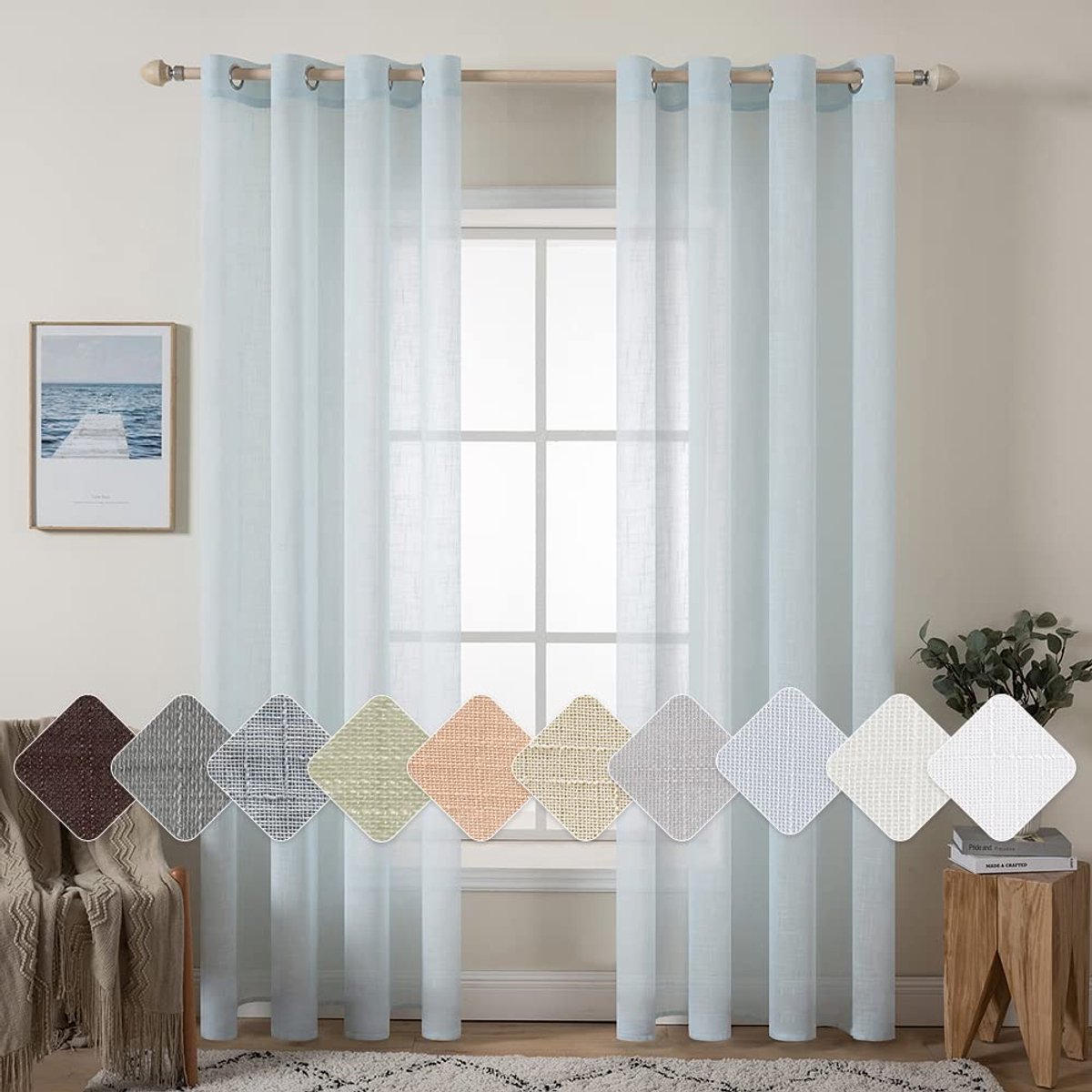 Ibenzoa Set van Twee Transparante Voilegordijnen met Oogjes, Lichtblauw, 140x225 cm