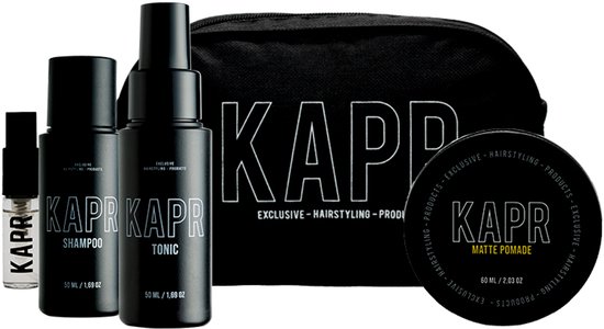 KAPR set met toilettas, shampoo, tonic, pomade en parfumflesje.