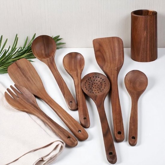 Dutchers® Keukengerei set - 8 Delig - Hout - Keukenset - Houten Spatels Met koker - Opscheplepels - Pollepels - Duurzaam Acaciahout