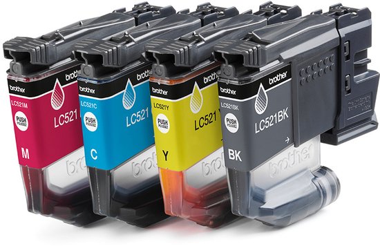 Vier Brother LC521 inktcartridges: magenta, cyaan, geel en zwart, op witte achtergrond.