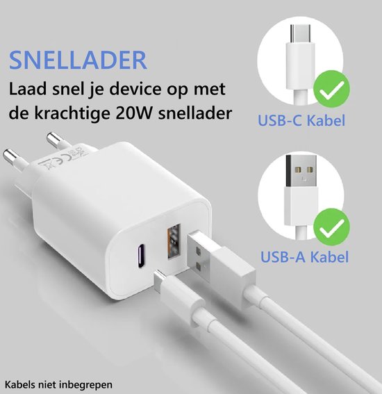 Witte 20W snellader met één USB-C en één USB-A poort. Toont de aansluiting van kabels.