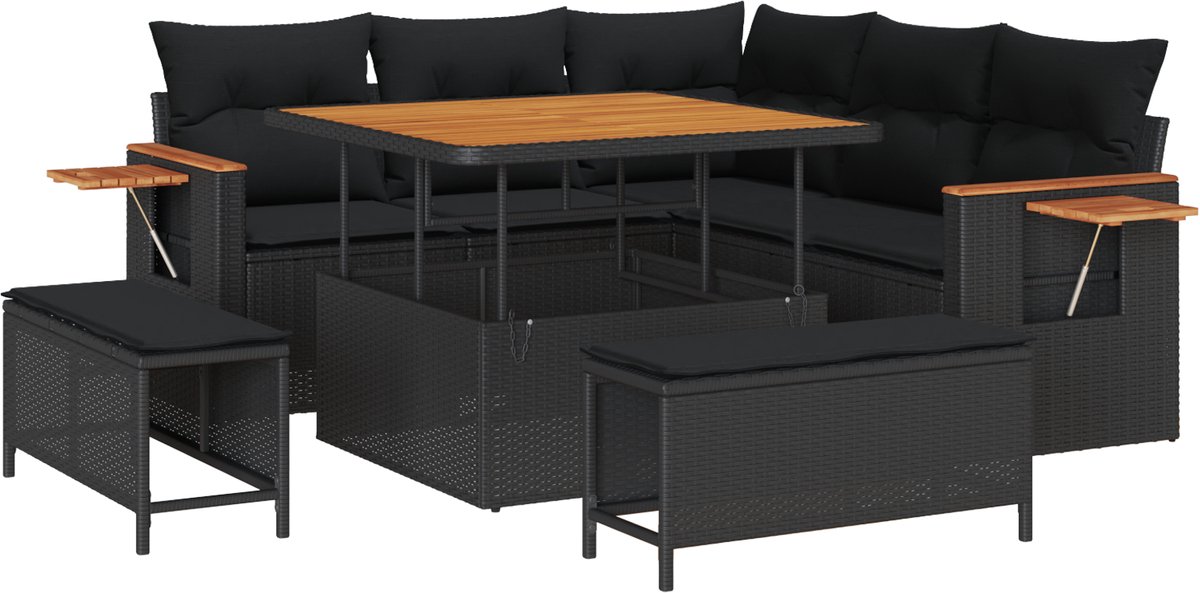 vidaXL - Tuinbank - Set - 8 - pcs - Zwart - Poly - Rattan - en - Poedergecoat - Staal