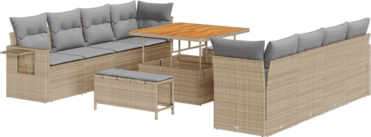 vidaXL - Tuinbank - Set - met - kussen - 11 - pcs - Beige - en - Lichtgrijs - poly - rattan