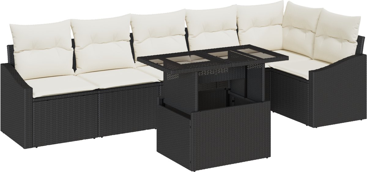 vidaXL - Tuinbank - Set - met - kussen - met - opslag - 7 - pcs - Zwart - en - Crème