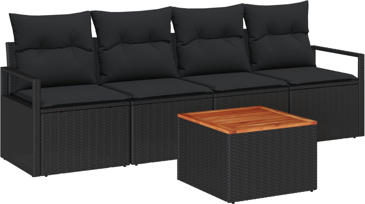 vidaXL - Tuinbank - Set - met - kussen - 5 - pcs - Zwart - poly - rattan