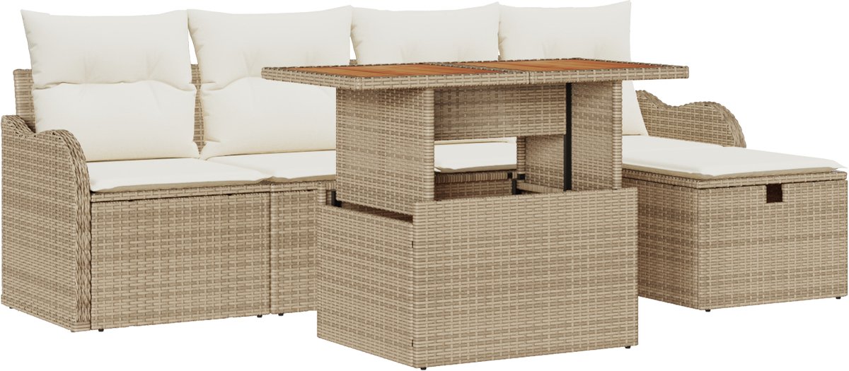 vidaXL - Tuinbank - Set - met - kussen - met - opslag - 6 - pcs - Beige - poly - rattan