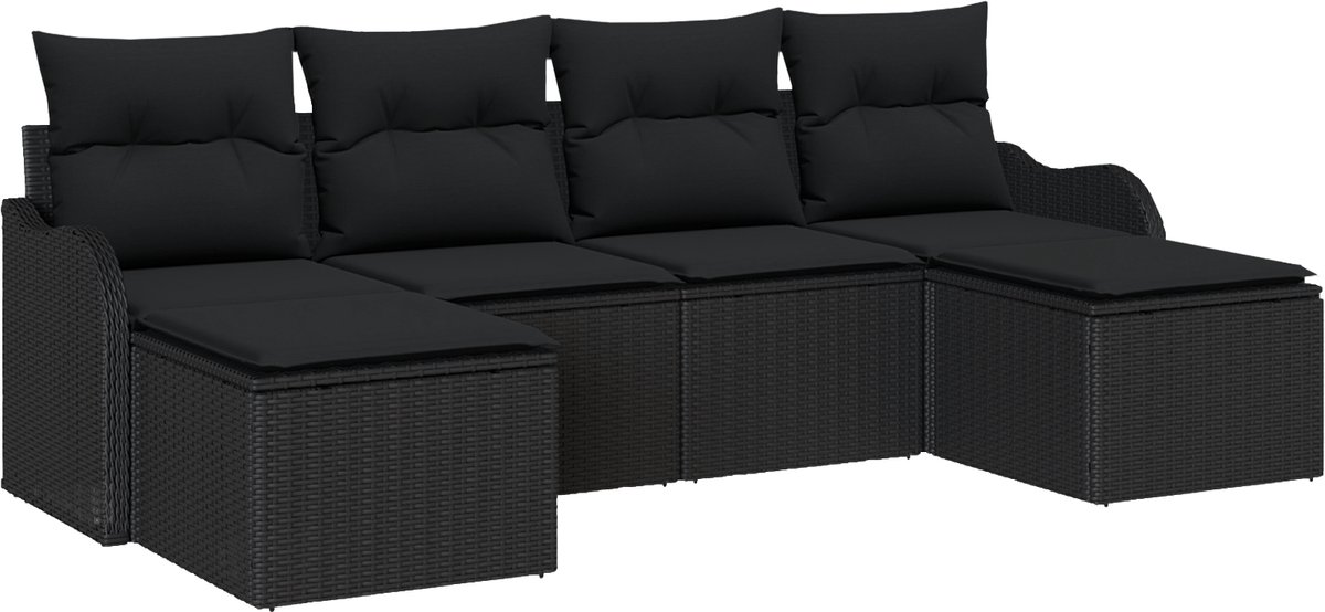 vidaXL - Tuinbank - Set - met - kussen - 6 - pcs - Zwart - Poly - rattan