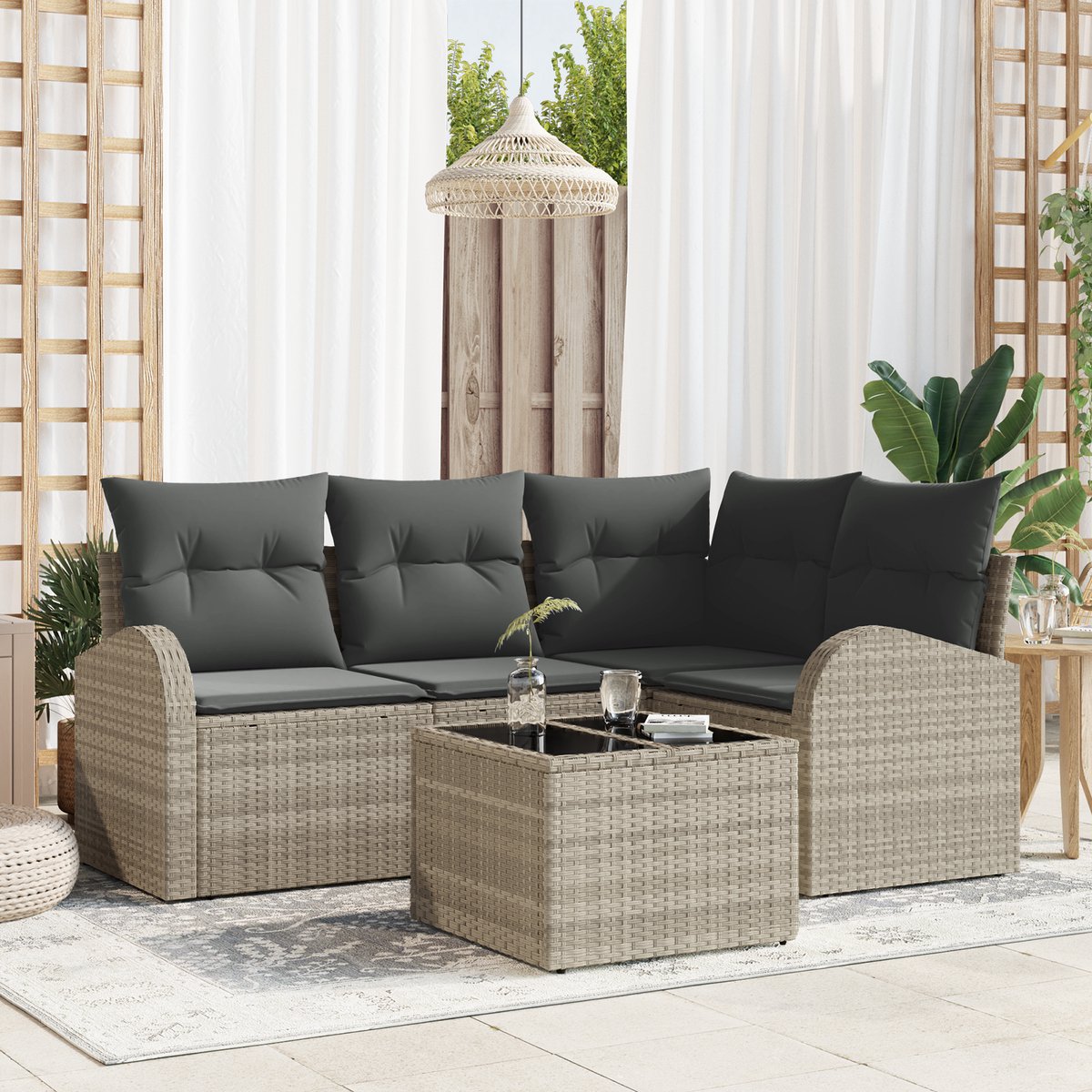 vidaXL - Tuinbank - Set - met - kussen - met - opslag - 5 - pcs - Lichtgrijs - poly - rattan