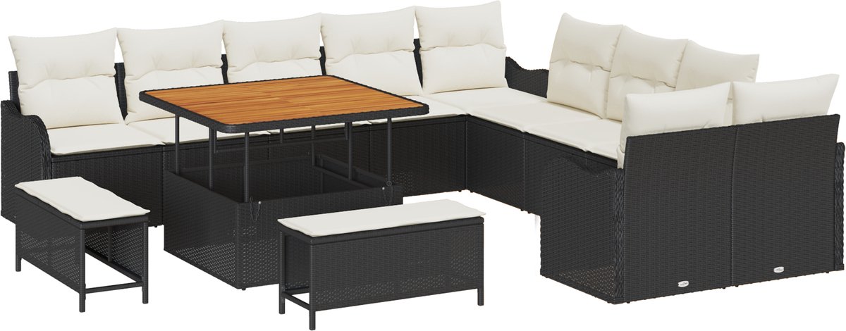 vidaXL - Tuinbank - Set - met - kussen - 13 - pcs - Zwart - poly - rattan