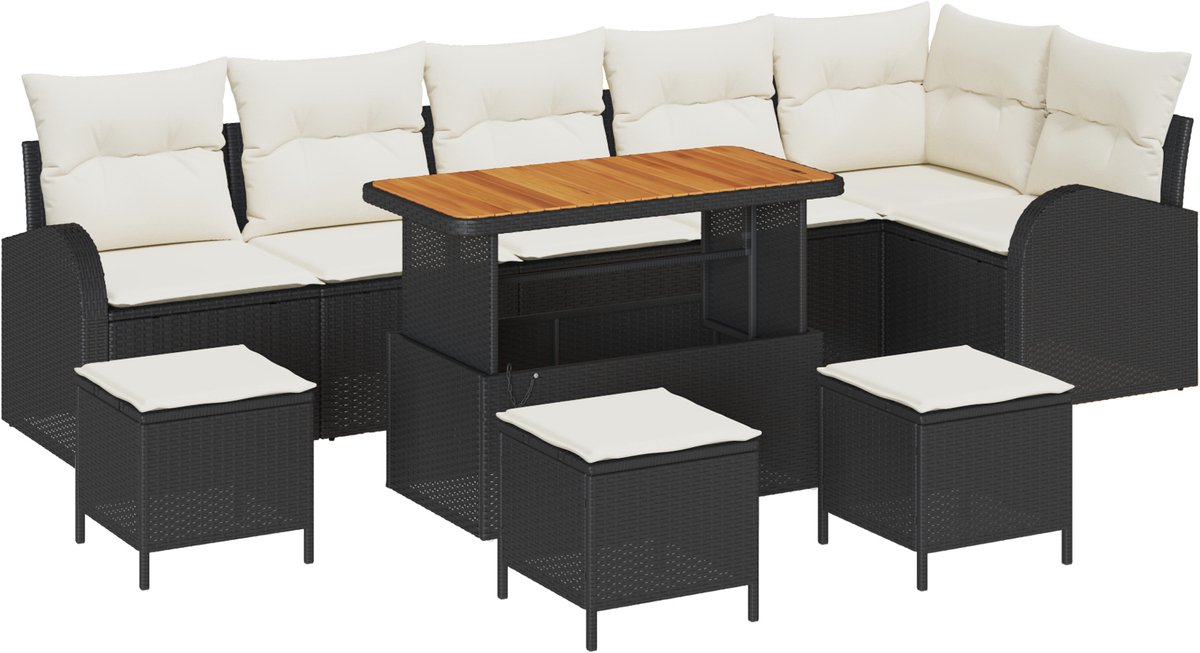 vidaXL - Tuinbank - Set - met - kussen - 10 - pcs - Zwart - poly - rattan
