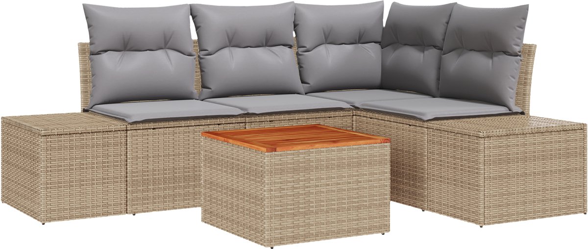 vidaXL - Tuinbank - Set - met - kussen - 5 - pcs - Beige - poly - rattan