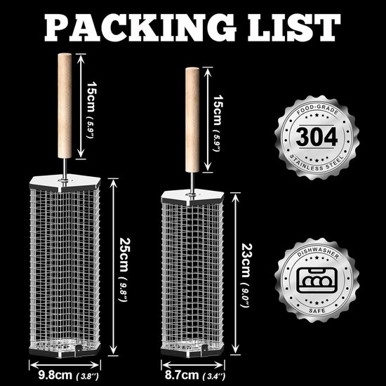 Famanu Rollende grillmanden (2 stuks, zeshoek), afneembaar houten handvat, 304 roestvrij staal, nestend grillnet, barbecue-accessoires gereedschap voor groenten garnalen, buiten koken kamperen van Famanu — afbeelding 3