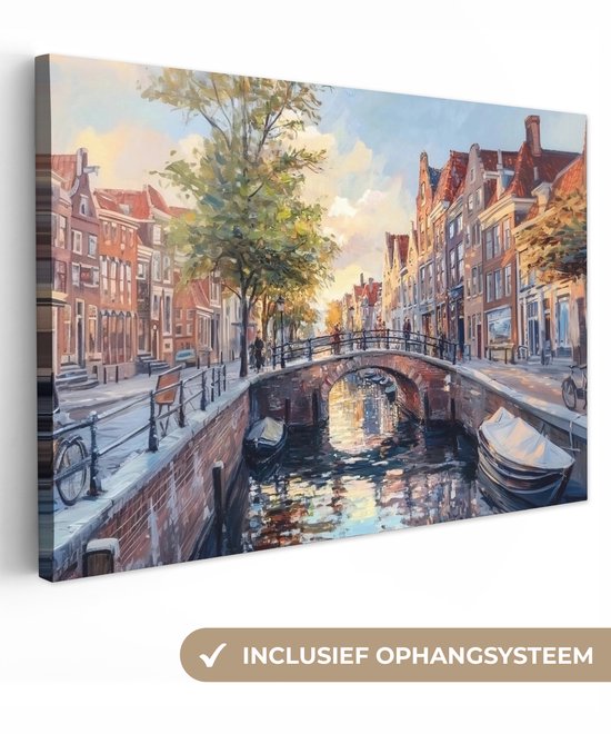 Canvas schilderij 120x80 cm - Exclusieve wanddecoratie Brug - Stad - Huizen - Boot - Muurdecoratie woonkamer - Slaapkamer decoratie - Kamer accessoires - Schilderijen op canvas