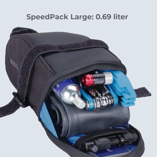 Zwarte zadeltas, open met reserveband, CO2-patroon, multitool en bandenlichters. Tekst: SpeedPack Large: 0.69 liter