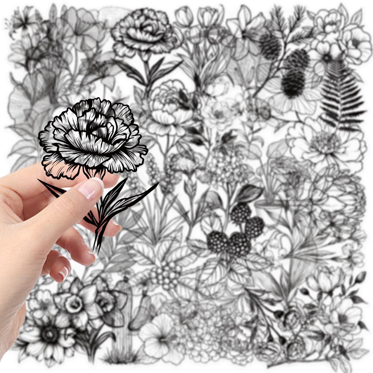 Stickerset Bloemen Zwart/Wit - Set met 50 stickers Flowers — afbeelding 3