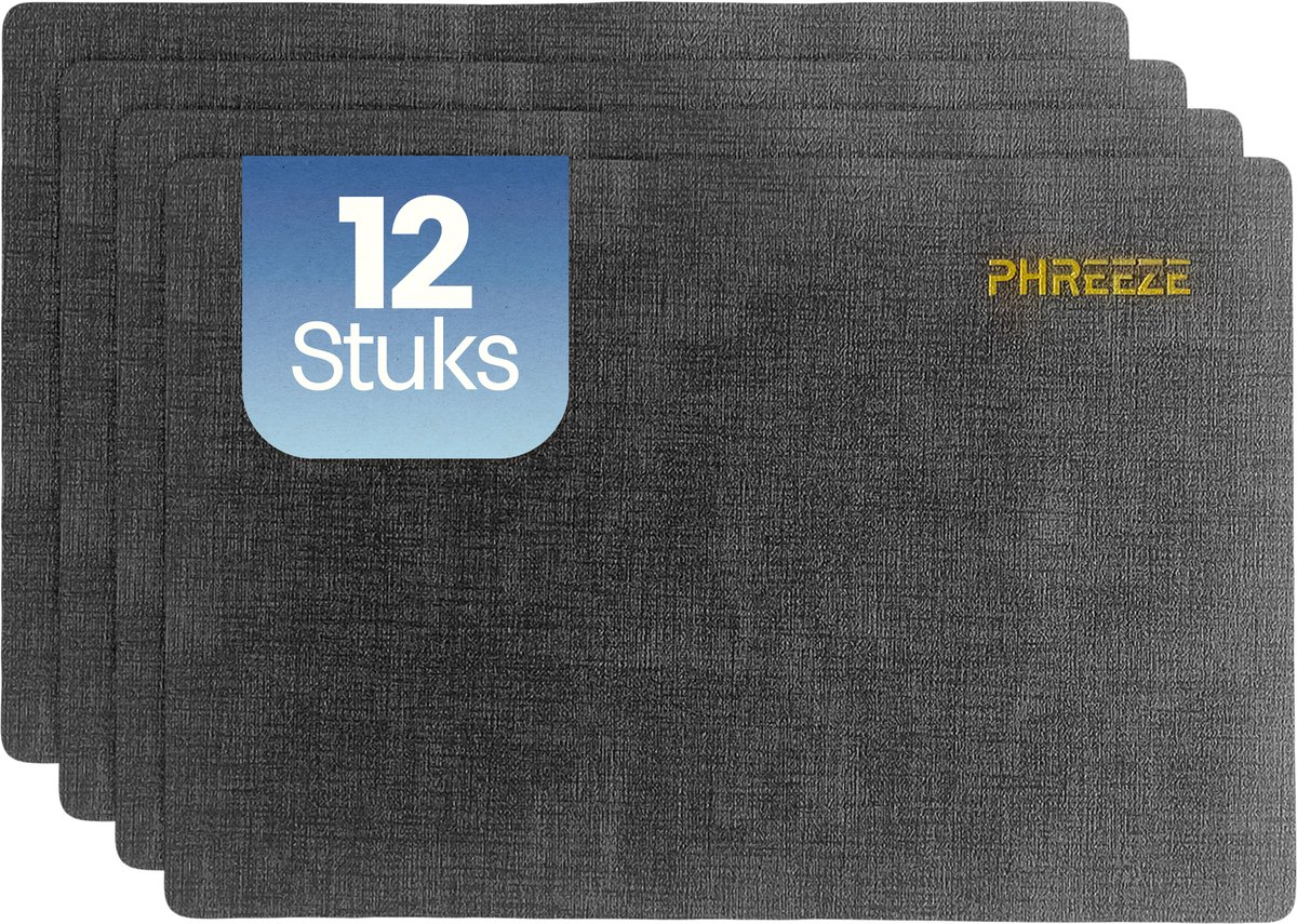 Phreeze Grote Placemat met Luxe Design - 12 Stuks - Wasbaar - Dubbelzijdige Placemats - Kunststof - Donker Grijs