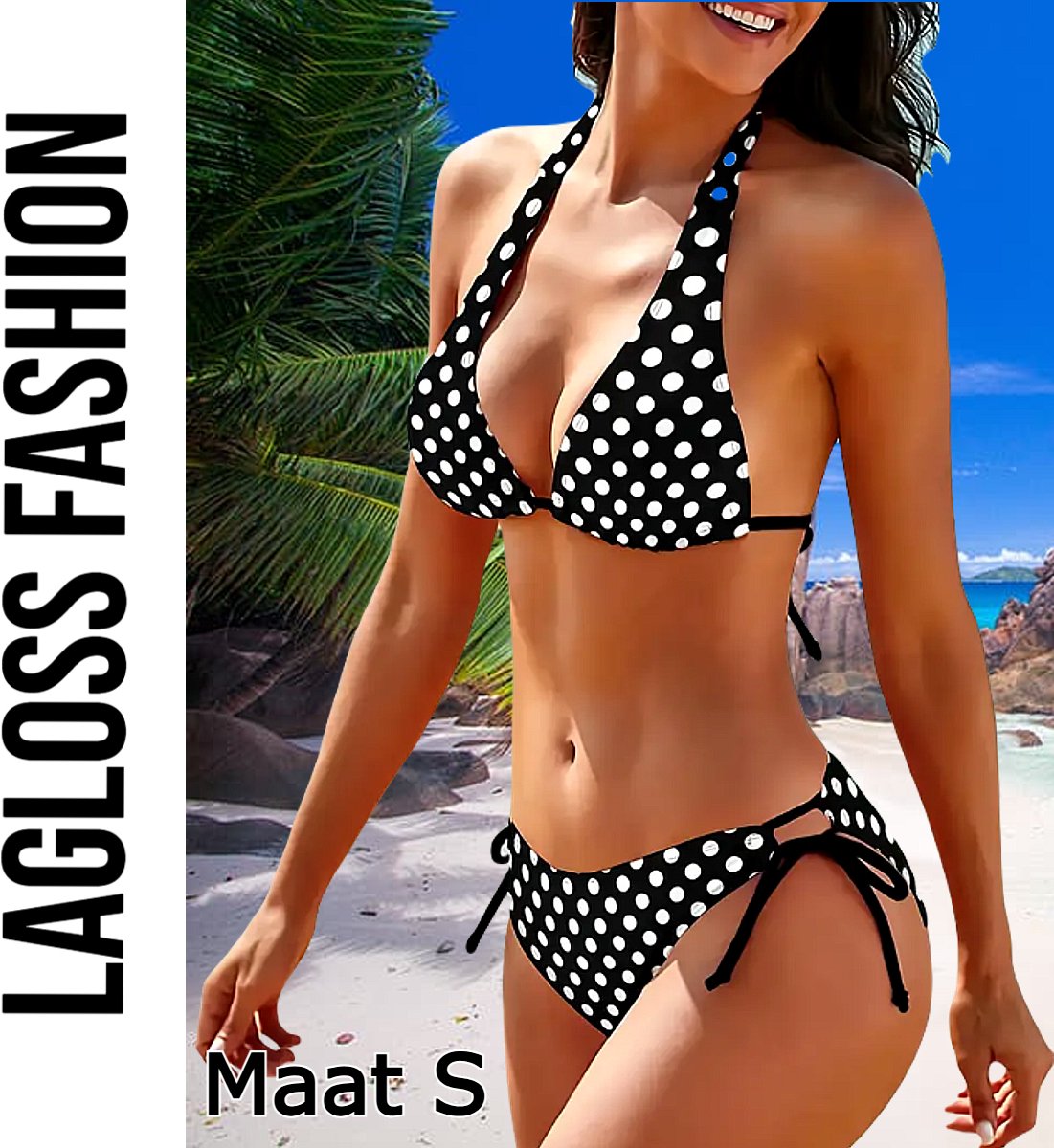 LaGloss® Bikini Set Polkadot Zwart Wit – 2-Delige Halternek Bikini met Zijstrik – Maat S